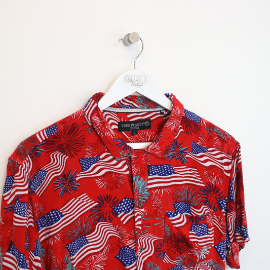 Vintage Free Planet Hawaiian shirt in red. Best fits L