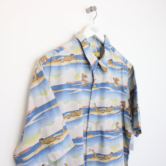 Vintage M.Feild hawaiian shirt in blue surfer print. Best fits XL