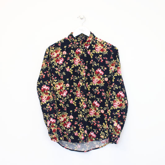 Vintage Edge chord shirt in black and pink floral print. Best fits M