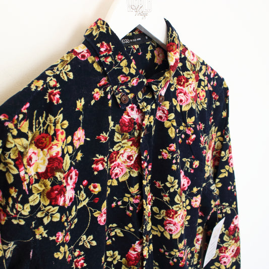 Vintage Edge chord shirt in black and pink floral print. Best fits M