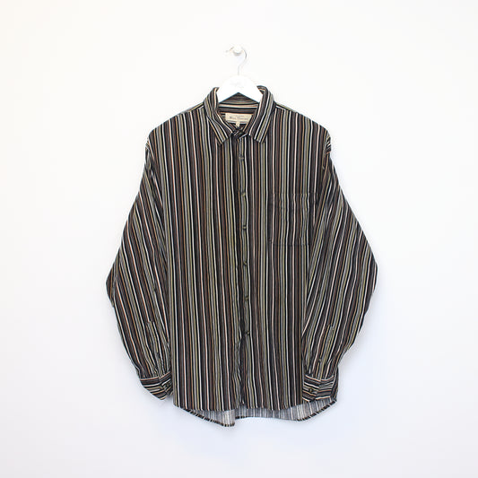 Vintage Bech Sherman chord shirt in black and brown striped. Best fits XL