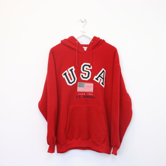 Vintage US Athletic hooded fleece in red. Best fits XL