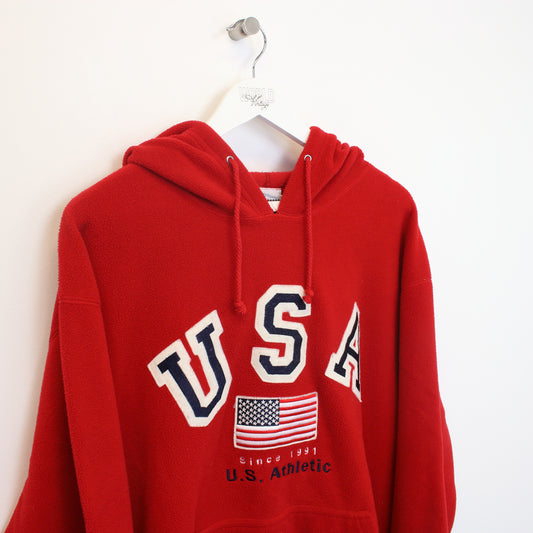 Vintage US Athletic hooded fleece in red. Best fits XL