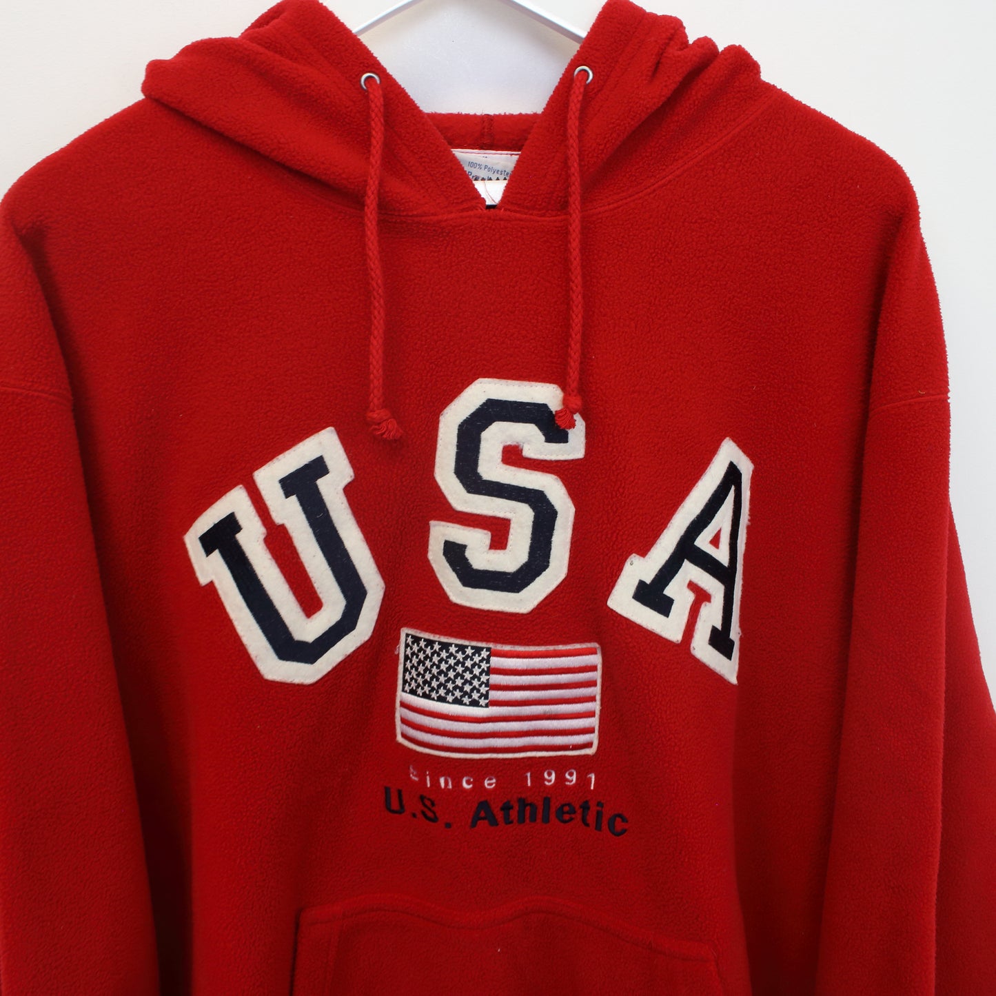 Vintage US Athletic hooded fleece in red. Best fits XL