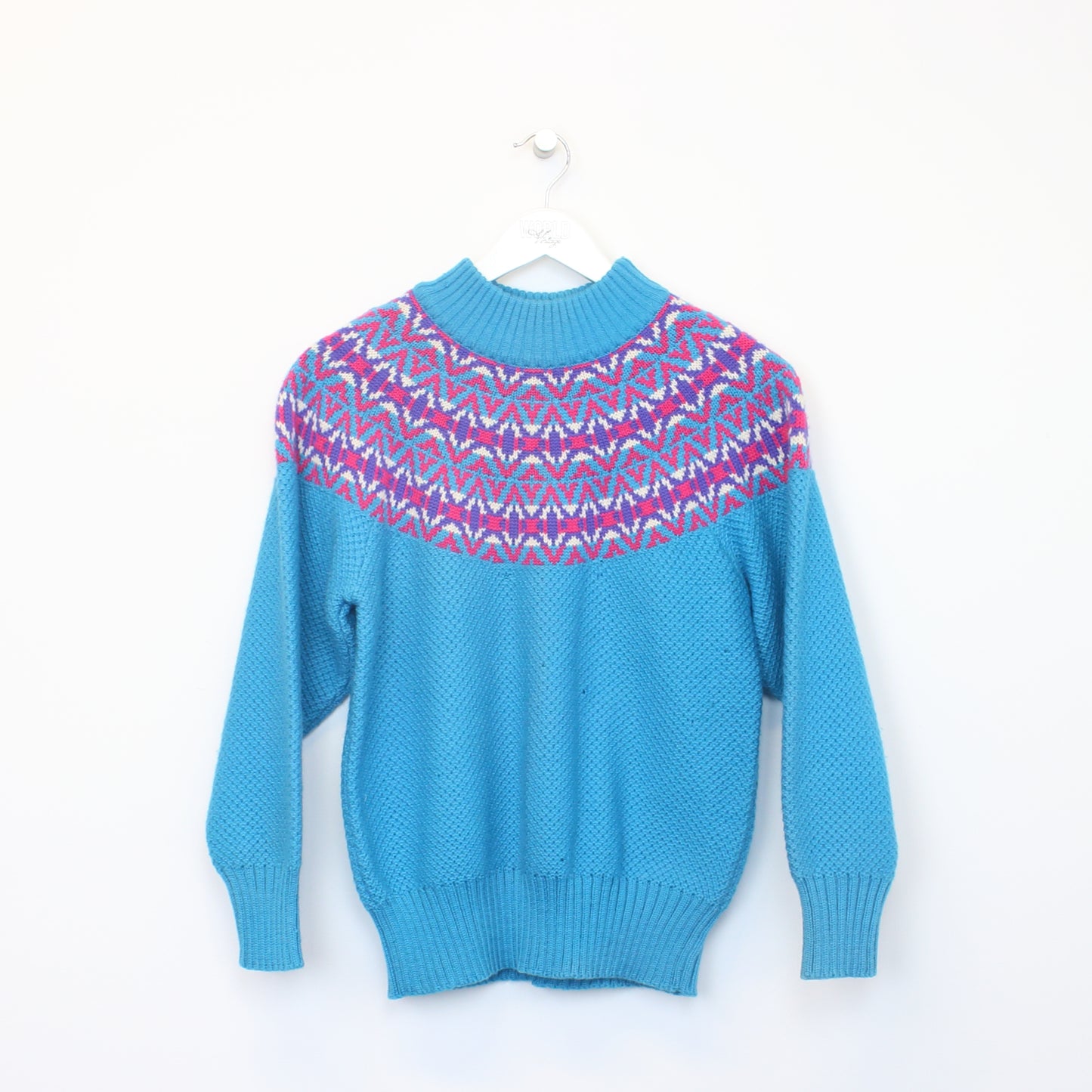 Vintage Sports B knit sweatshirt in pink and blue. Best fits S