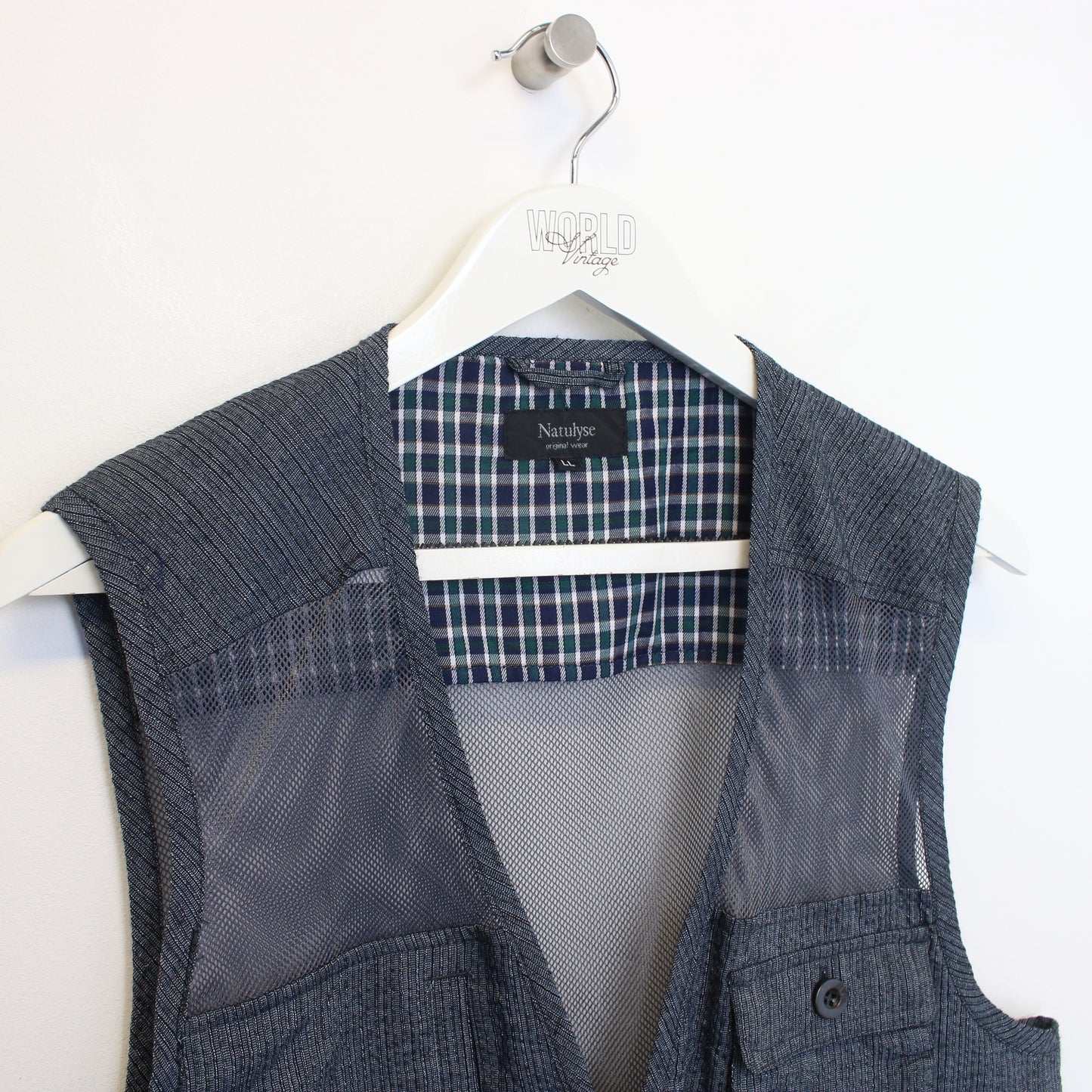 Vintage Natulyse mesh vest in blue. Best fits L