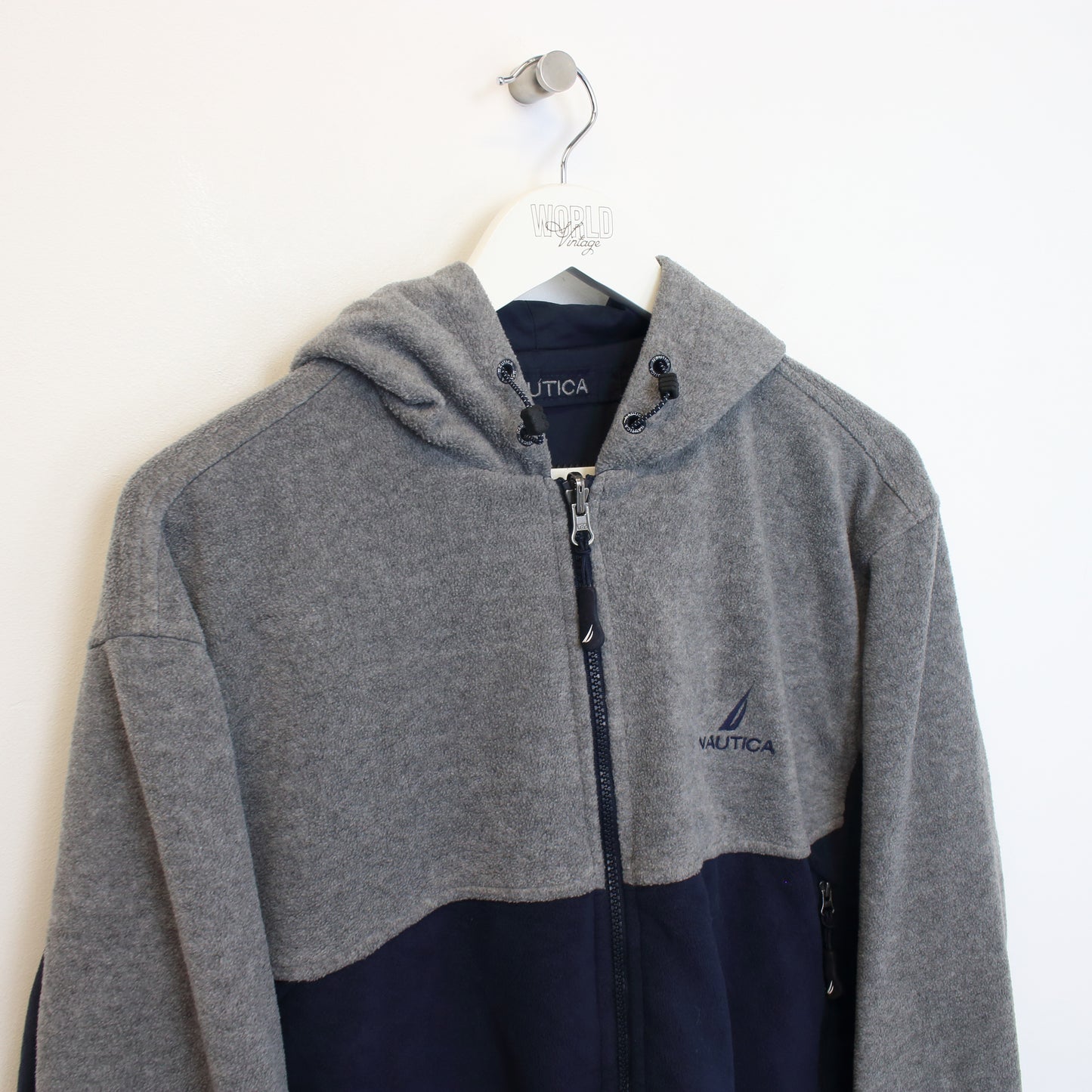 Vintage Nautica full zip fleece in navy and grey. Best fits L