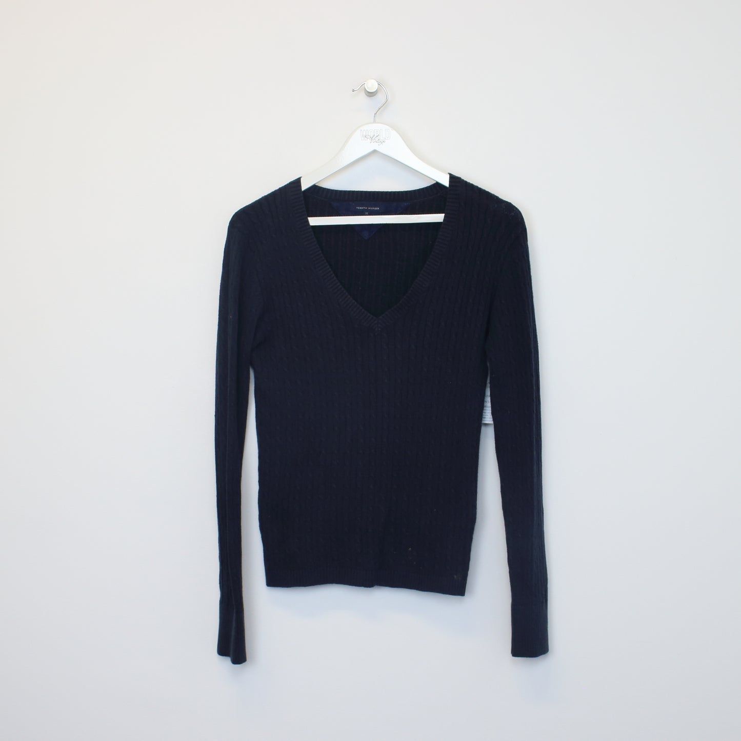 Vintage women's Tommy Hilfiger knitted sweatshirt in navy. Best fits M