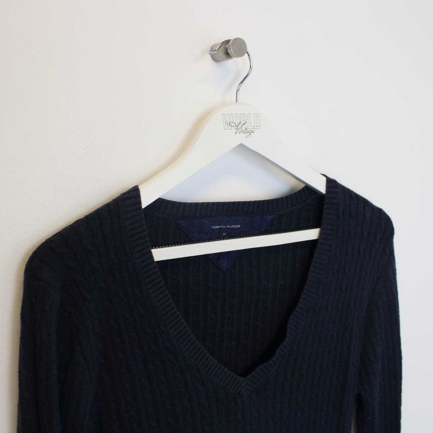 Vintage women's Tommy Hilfiger knitted sweatshirt in navy. Best fits M