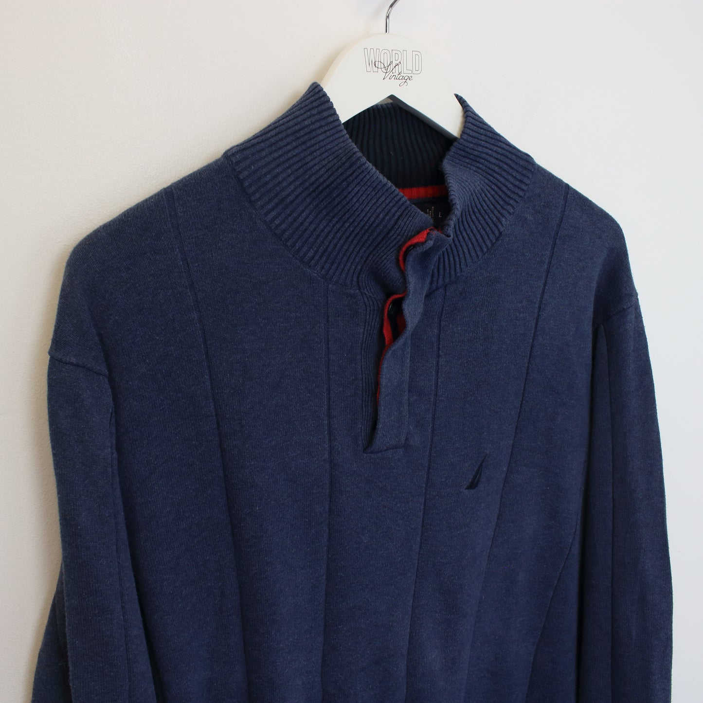 Vintage Nautica knitted quarter button sweatshirt in blue. Best fits L