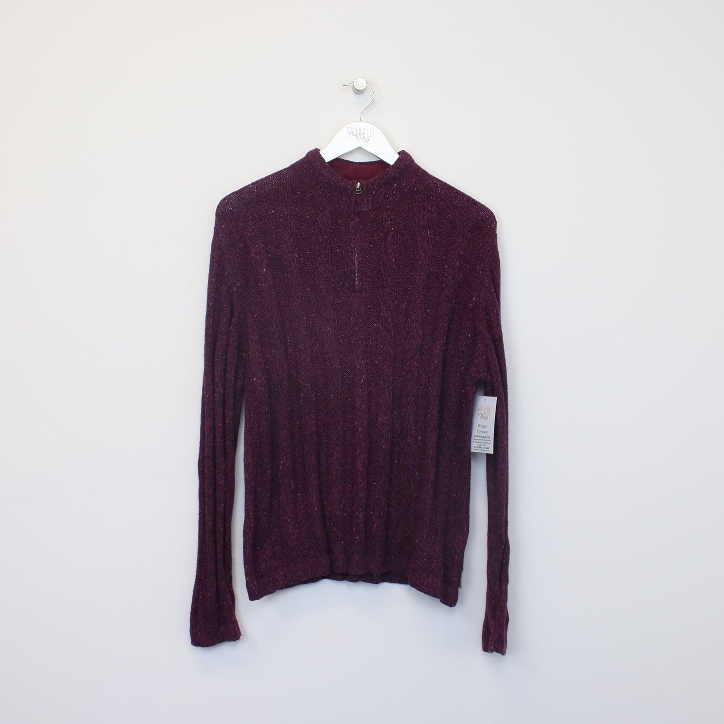 Vintage women's Woolrich knitted quarter zip sweatshirt in burgundy. Best fits S