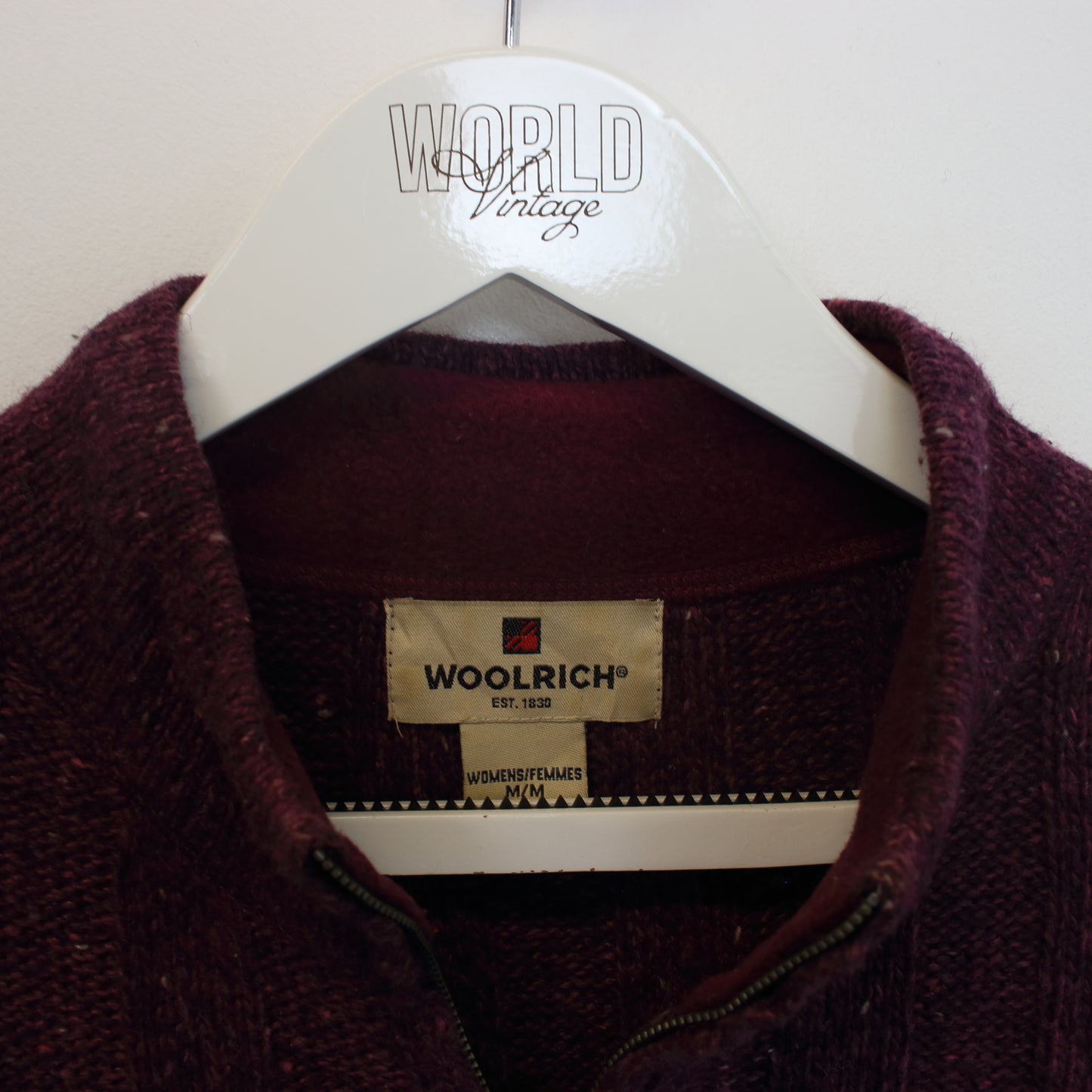 Vintage women's Woolrich knitted quarter zip sweatshirt in burgundy. Best fits S