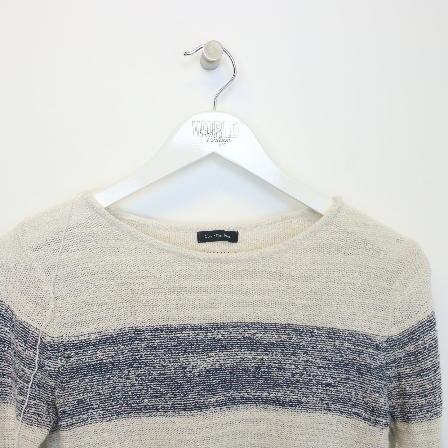 Vintage Calvin Klein knitted sweatshirt in white and blue. Best fits S