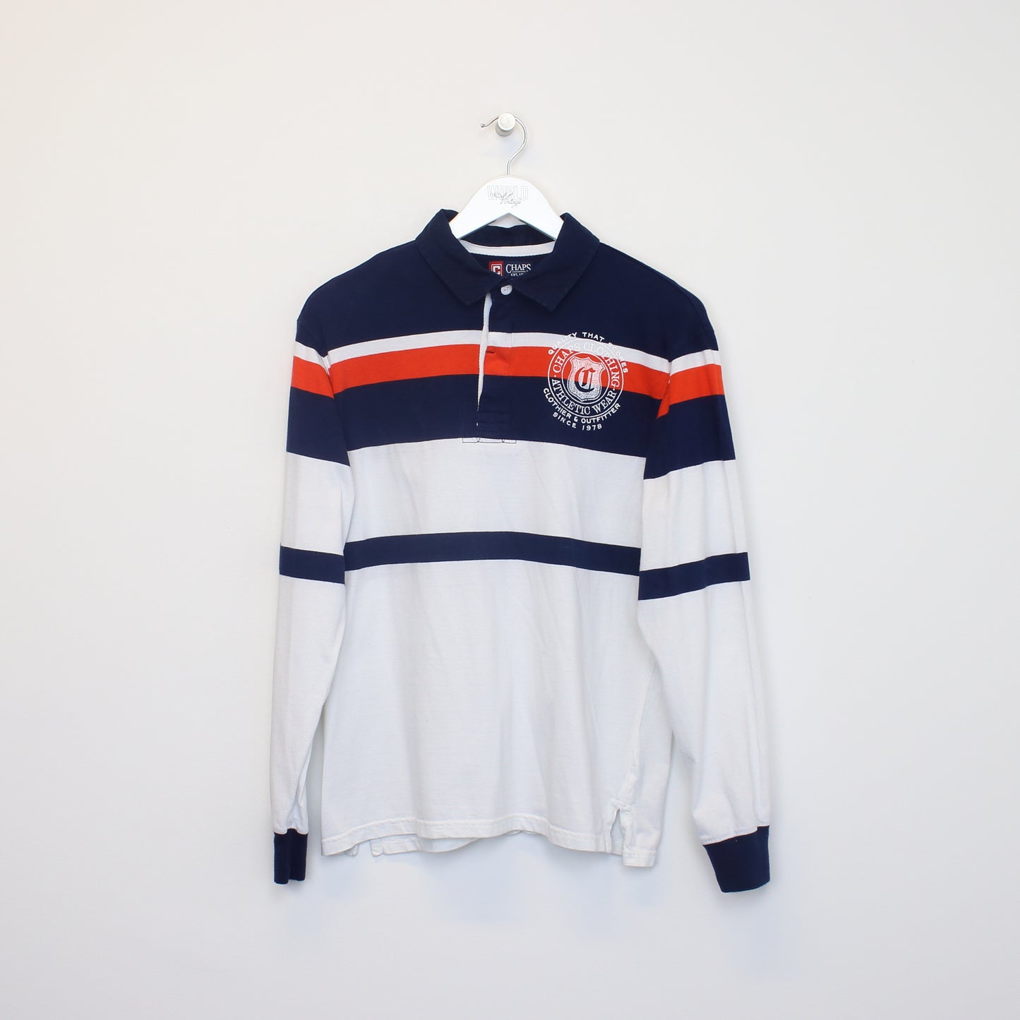 Vintage Chaps rugby shirt in white, navy, and orange . Best fits XS