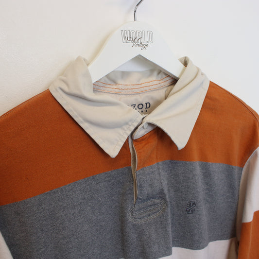 Vintage Izod rugby shirt in orange, grey, and white. Best fits L