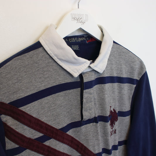 Vintage U.S. Polo Assn rugby shirt in burgundy, grey, and navy. Best fits L