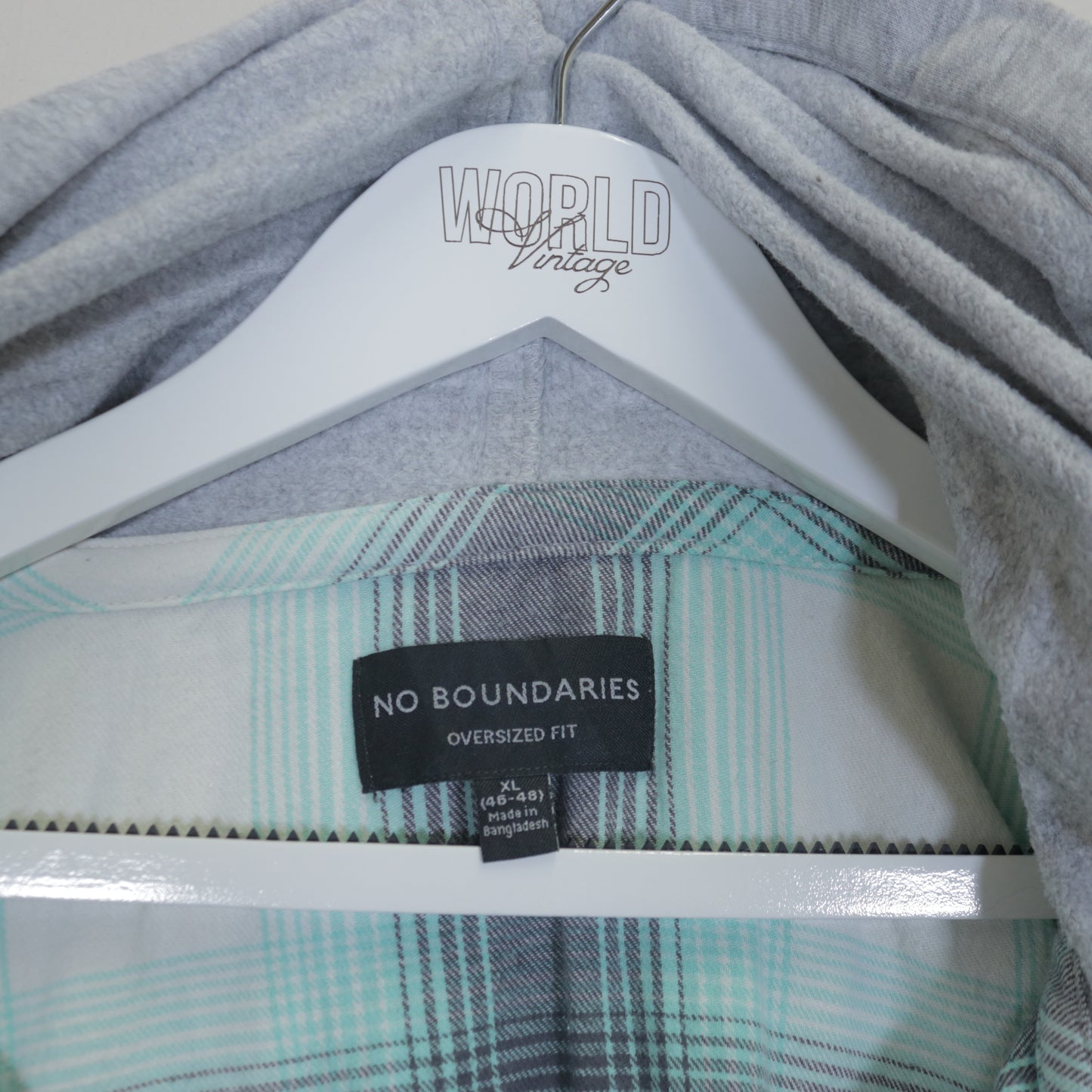 Vintage No Boundaries plaid shirt with hood in white. Best fits XL