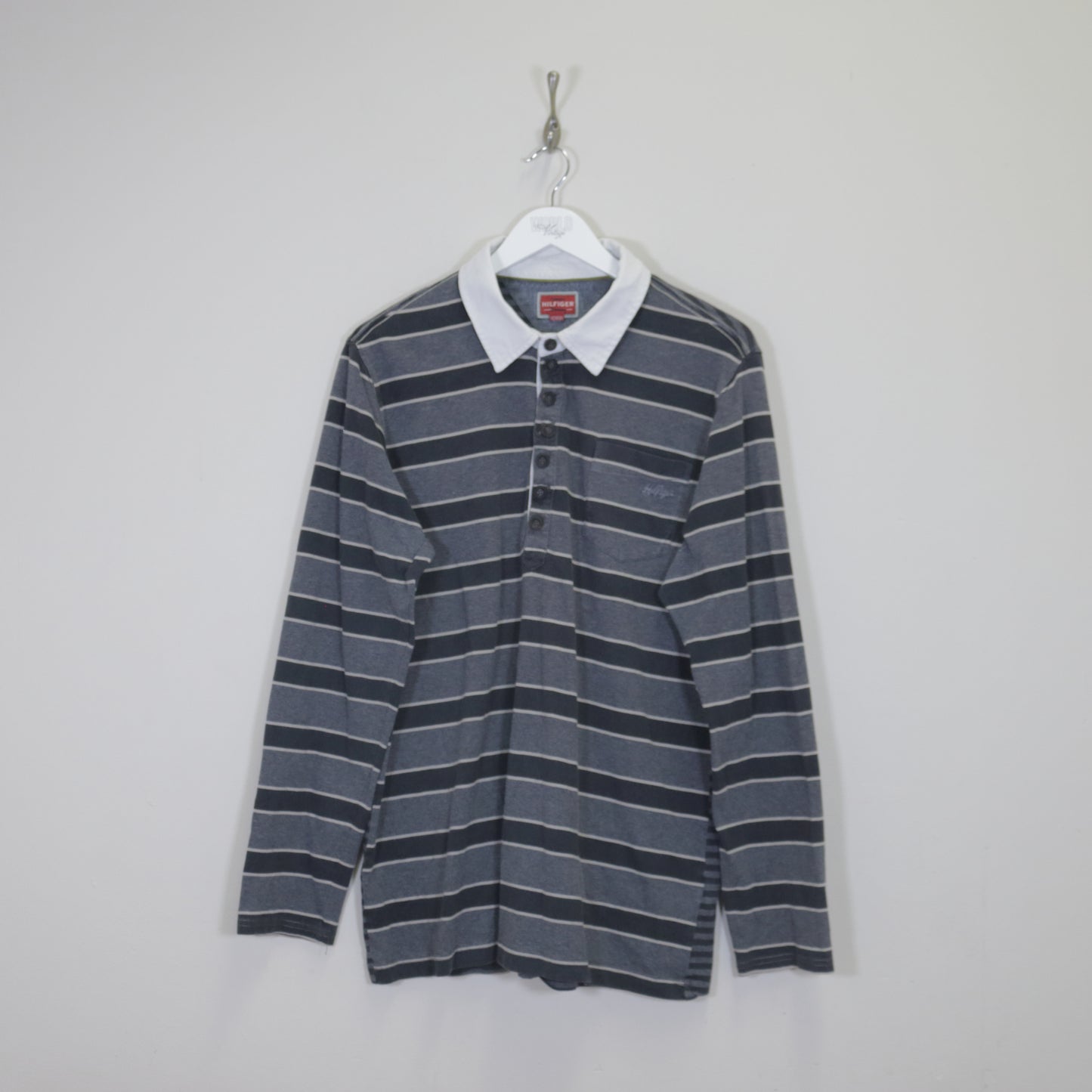 Vintage Tommy Hilfiger shirt in grey stripes. Best fits XL