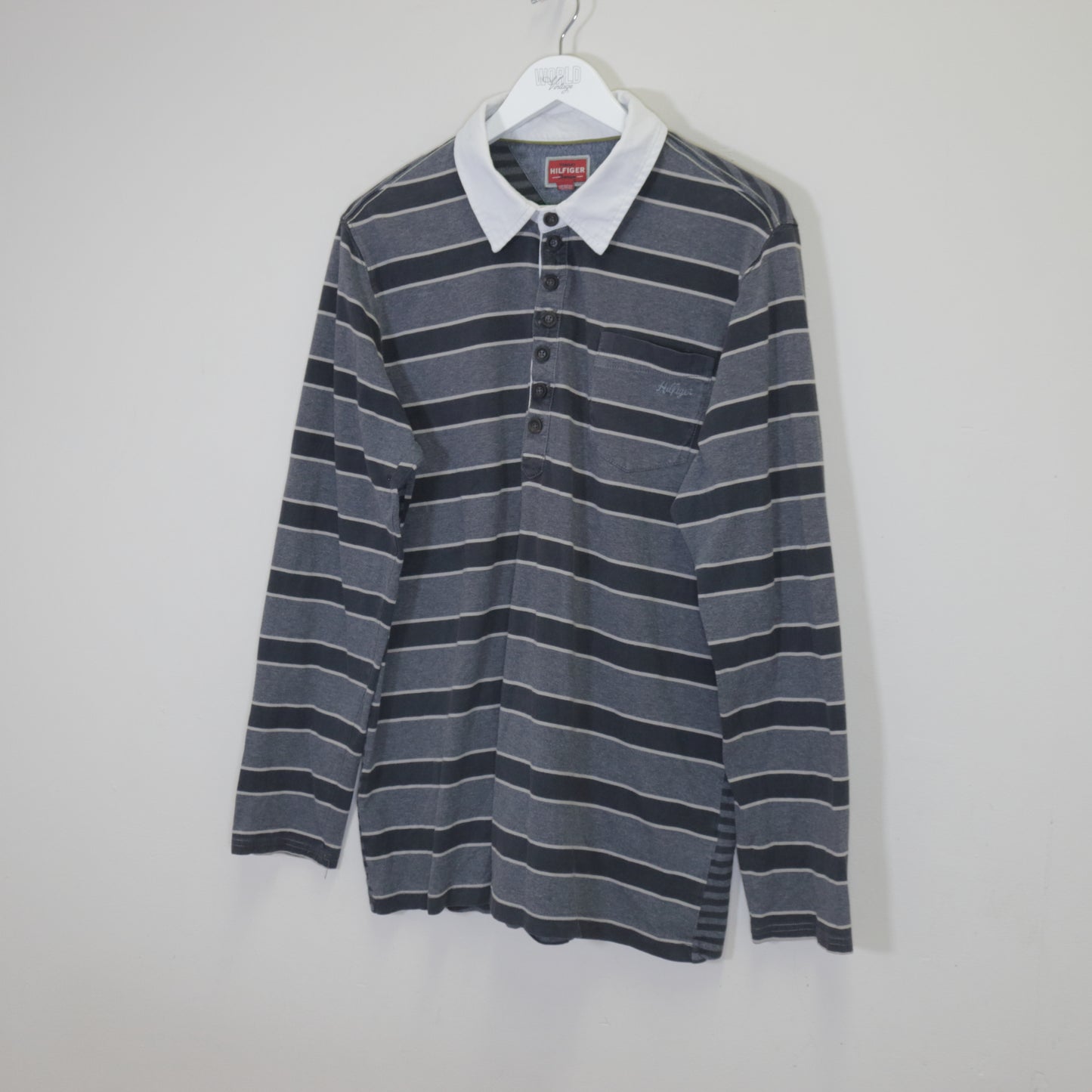 Vintage Tommy Hilfiger shirt in grey stripes. Best fits XL