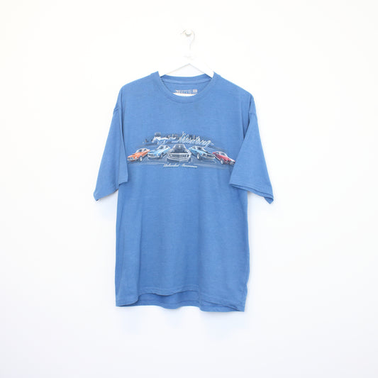 Vintage Newoprt Blue Mustang racing graphic t-shirt in blue. Best fits XL