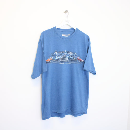 Vintage Newoprt Blue Mustang racing graphic t-shirt in blue. Best fits XL