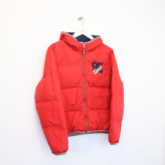 Vintage Reebok '95 hooded puffer jacket in red. Best fits S