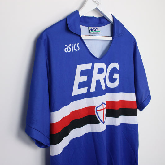 Vintage Asics AC Sampadoria 1990/91 home football shirt in blue, white and red. Best fits XXL