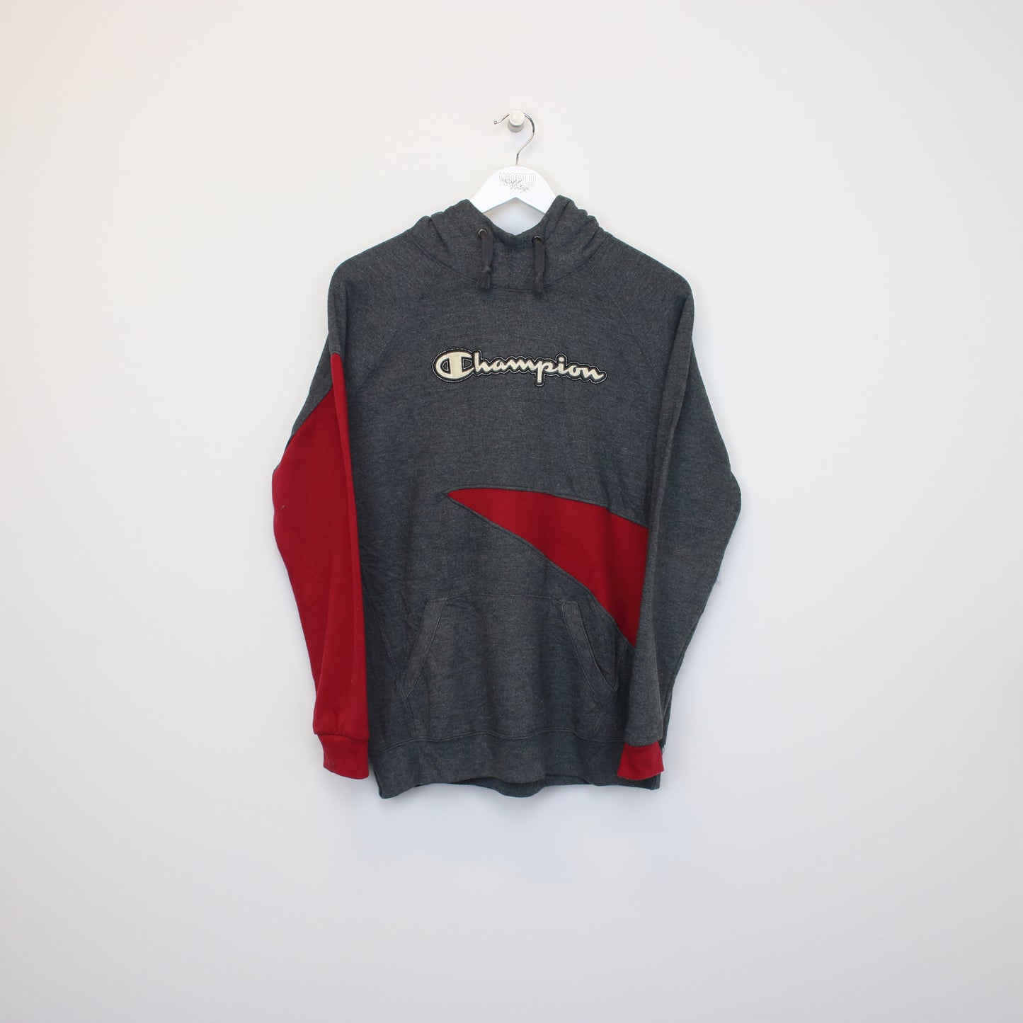 Vintage Champion reworked hoodie in grey and red. Best fits M