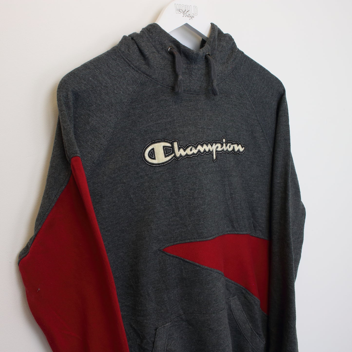 Vintage Champion reworked hoodie in grey and red. Best fits M