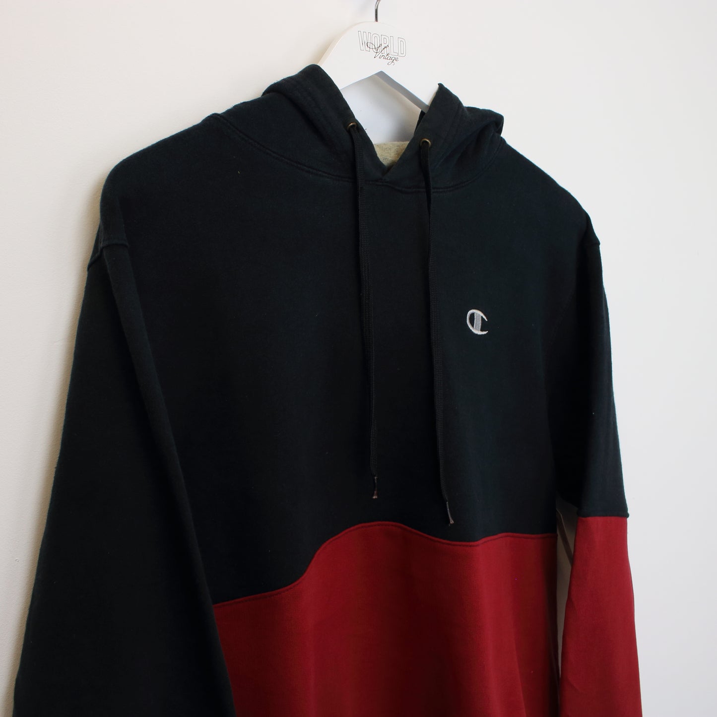 Vintage Champion reworked hoodie in navy and burgundy. Best fits S