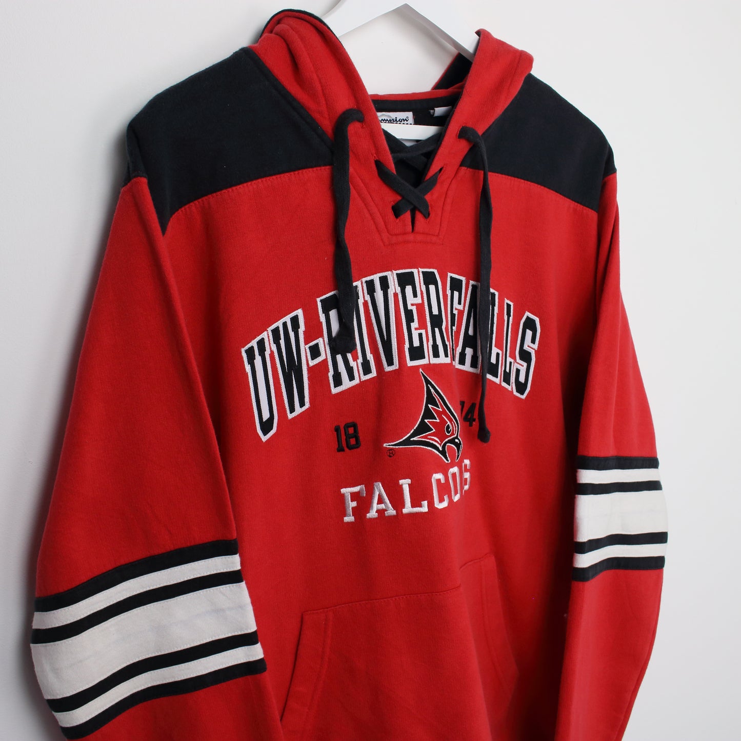 Vintage Champion River Falls Falcons hoodie in red. Best fits M