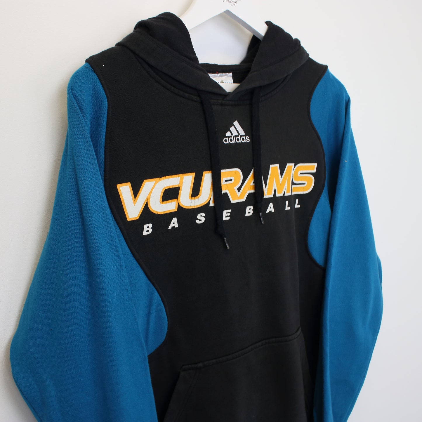 Vintage Adidas Vcurams reworked hoodie in blue and black. Best fits S